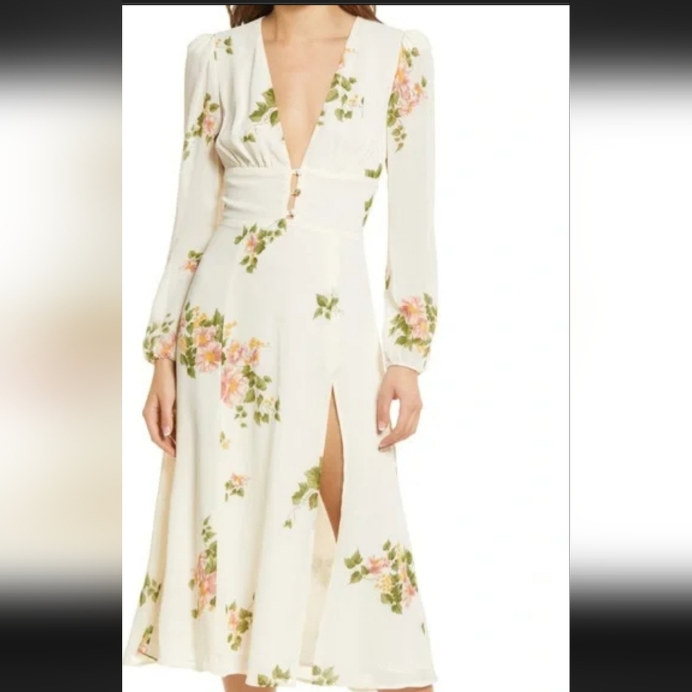 NWOT REFORMATION LORNE FLORAL LONG SLEEVE MIDI DRESS, SIZE:8